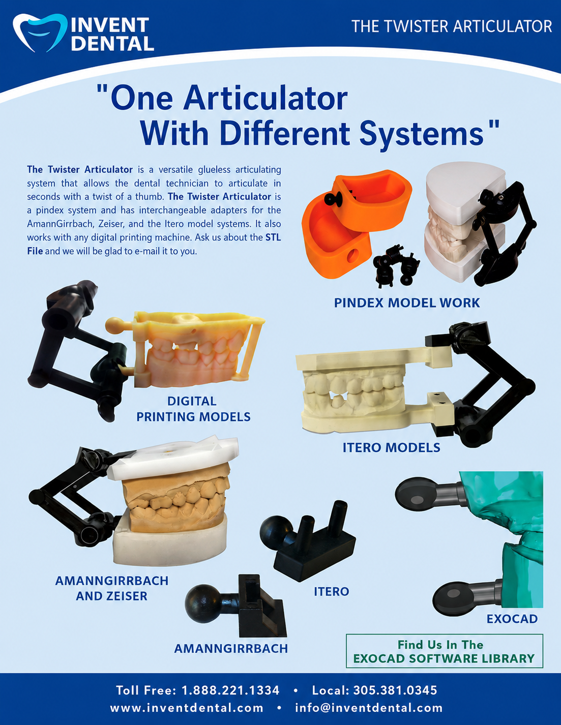 The Twister Articulator — One Articulator With Different Systems. Compatible with Pindex, AmannGirrbach, Zeiser, Itero, and Exocad.